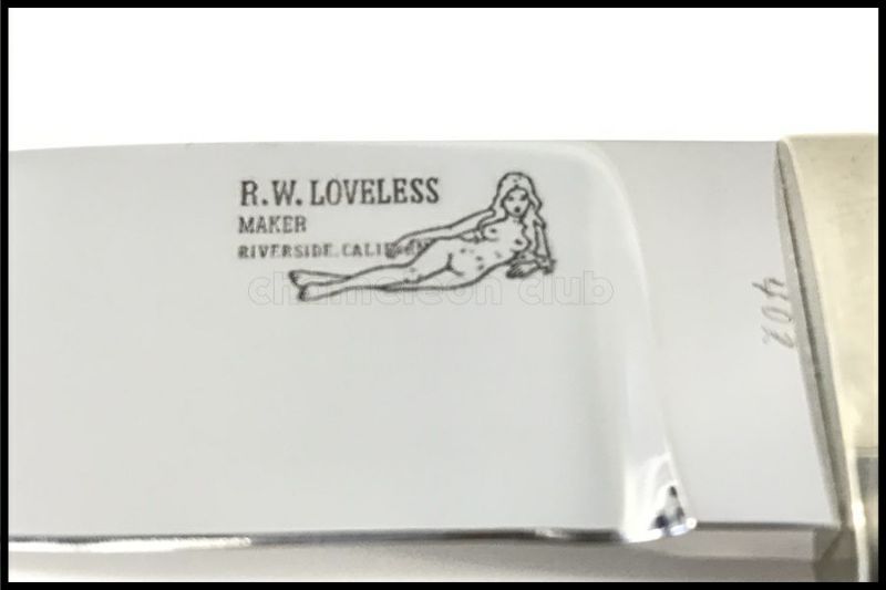 東京)R.W.Loveless ラブレス ドロップハンター #402 シースナイフ シース付 サイン入り ダブルヌード