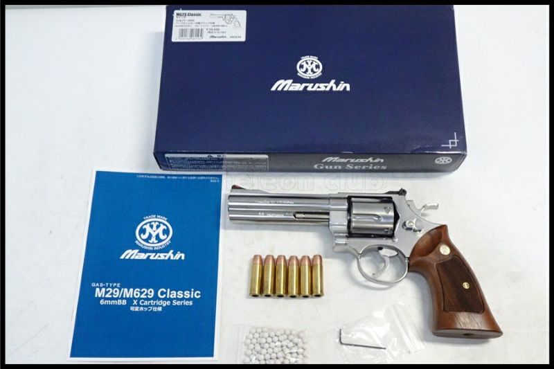 東京)マルシン 6mmBB S&W M629 クラシック 5インチ シルバーABS ハーフチェッカー木製グリップ仕様 ガスリボルバー